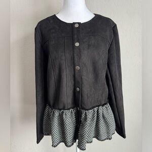 NWT Solitaire Black Faux Suede Peplum Chevron Fringe Blazer Womens L Preppy